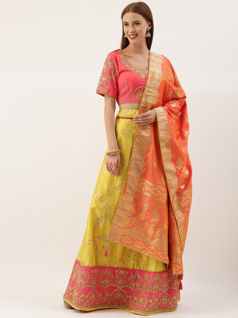 

Kvsfab Pink & Yellow Embroidered Semi-Stitched Lehenga & Unstitched Blouse with Dupatta
