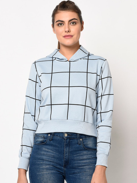 

ELEGANCE Women Blue & Black Checked Hooded Sweatshirt