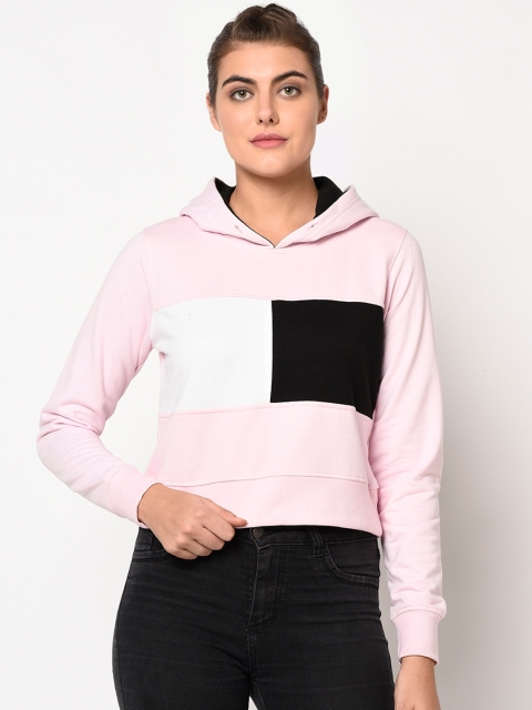 

ELEGANCE Women Pink & Black Colourblocked Hooded Sweatshirt