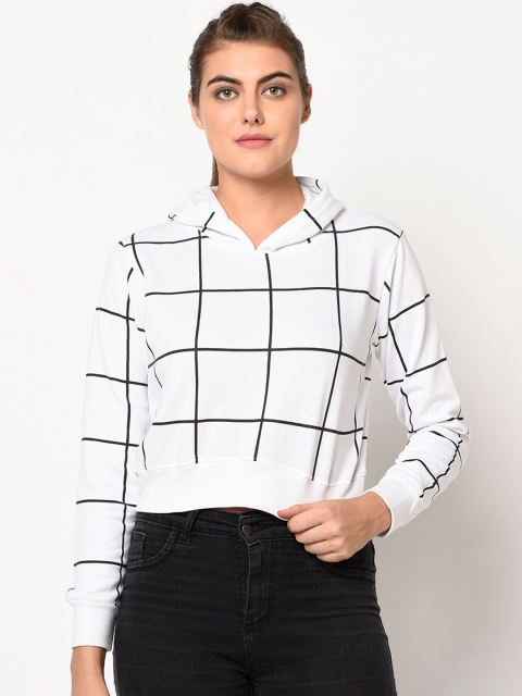 

ELEGANCE Women White & Black Checked Hooded Crop Sweatshirt