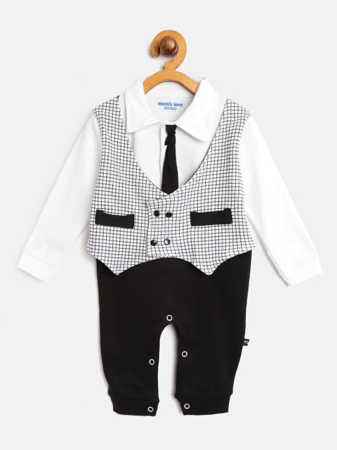 

Moms Love Boys White & Black Checked Rompers Rompers With Attached Tie