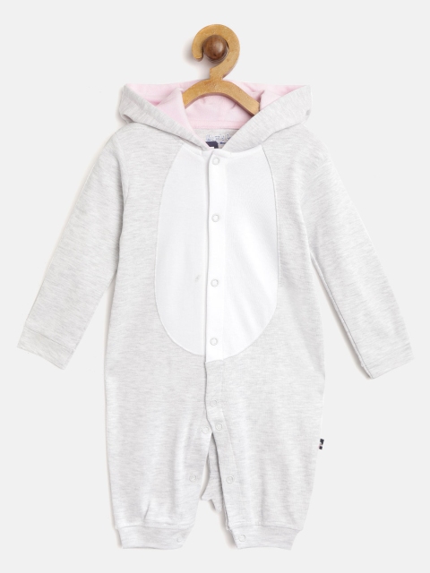 

Moms Love Boys Grey Melange & White Hooded Elephant Rompers
