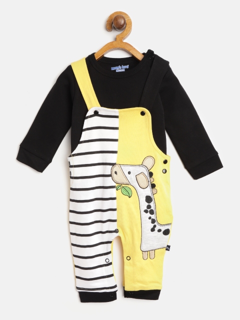

Moms Love Boys Black & Yellow Solid T-shirt with Striped Dungarees