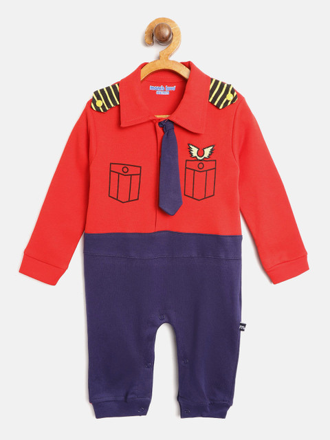

Moms Love Boys Navy Blue & Red Printed Rompers With Attached Tie