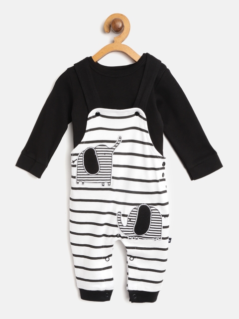 

Moms Love Boys Black & White Solid T-shirt with Striped Dungarees