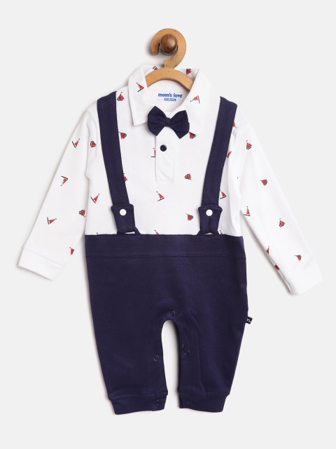 

Moms Love Boys Navy Blue & White Boat Print Rompers with Bow Detail