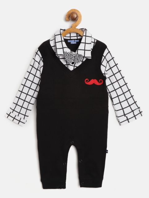 

Moms Love Boys Black & White Solid Rompers With Attached Bow