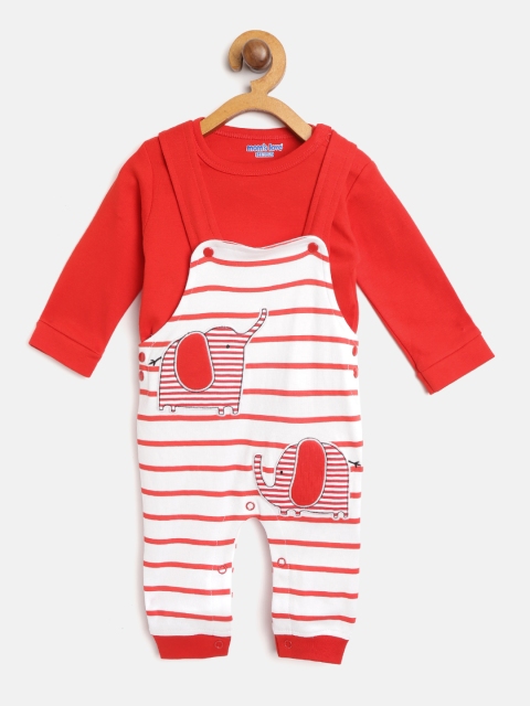 

Moms Love Boys Red & White Solid T-shirt with Striped Dungarees