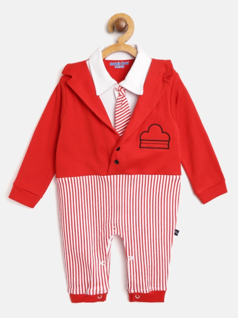 

Moms Love Boys Red & White Striped Rompers with Attached Tie