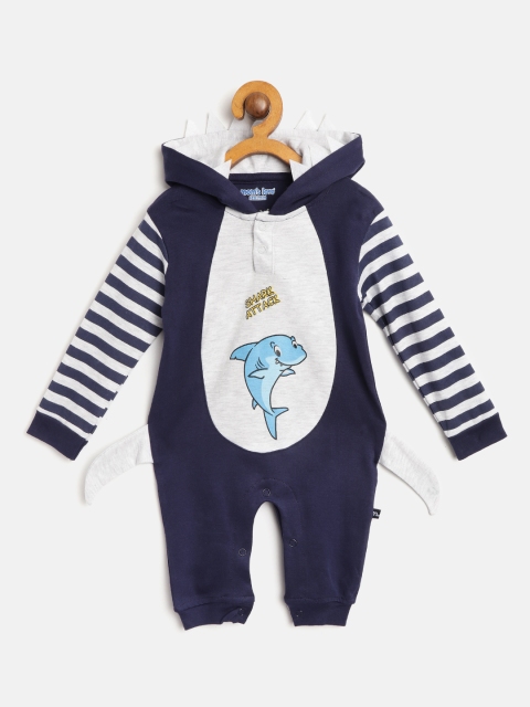 

Moms Love Boys Navy Blue & Grey Melange Colourblocked Hooded Rompers