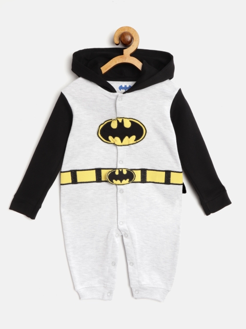 

Moms Love Boys Grey Melange & Black Batman Applique Hooded Rompers