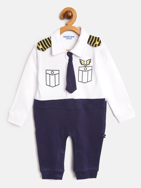 

Moms Love Boys White & Navy Blue Pilot Uniform Print Rompers with Tie Detail