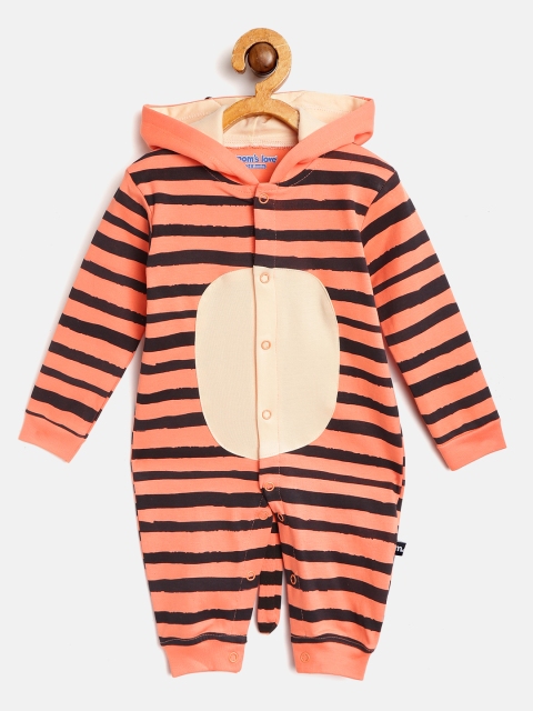 

Moms Love Boys Orange & Black Tiger Print Hooded Rompers