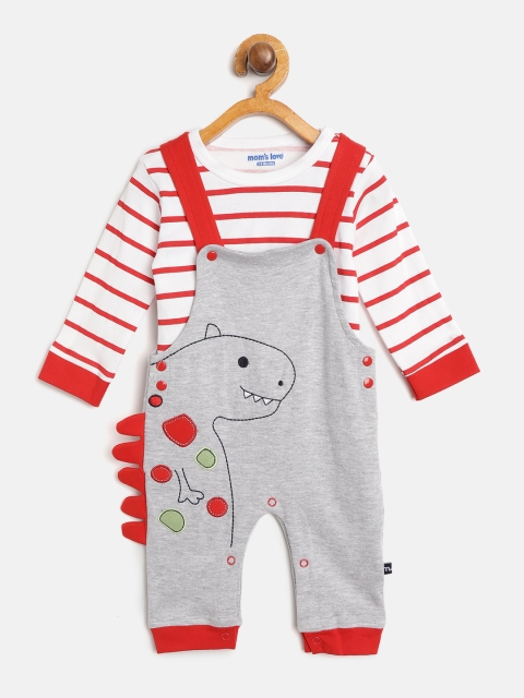 

Moms Love Boys White & Grey Melange Striped T-shirt with Embroidered Dungarees