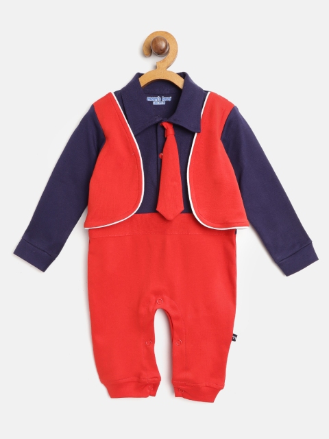 

Moms Love Boys Navy Blue & Red Colourblocked Rompers with Waistcoat & Tie Detail