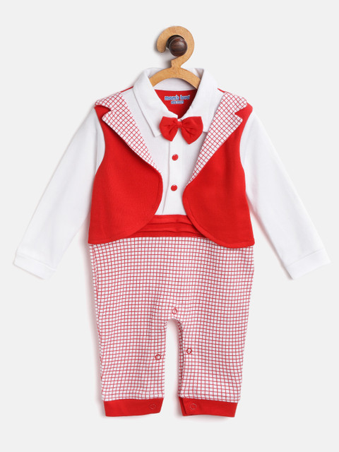 

Moms Love Boys Red & White Checked Rompers with Attached Waistcoat & Bow Detail