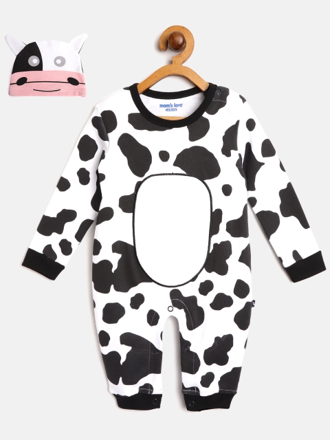 

Moms Love Boys White & Black Cow Print Rompers with Applique Detail Beanie