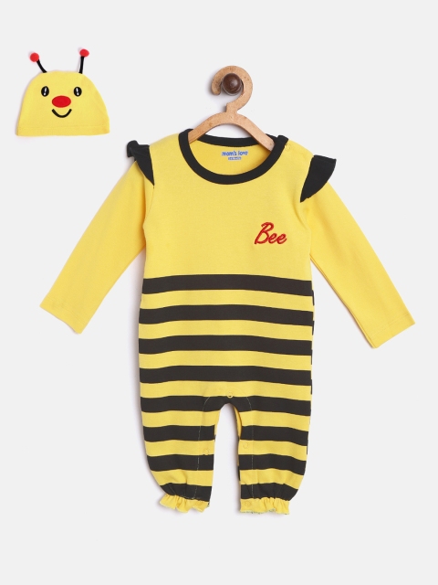 

Moms Love Girls Yellow & Black Bumblebee Rompers with Beanie