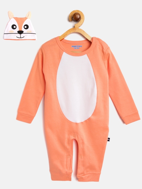 

Moms Love Boys Orange & White Colourblocked Rompers with Fox Face Print Beanie