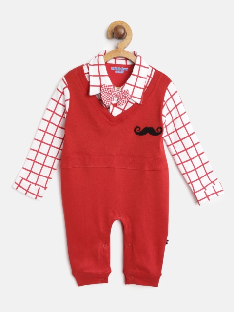 

Moms Love Boys White & Red Checked Rompers with Bow Applique Detail