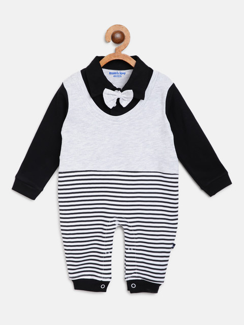 

Moms Love Boys Grey Melange & Black Striped Rompers