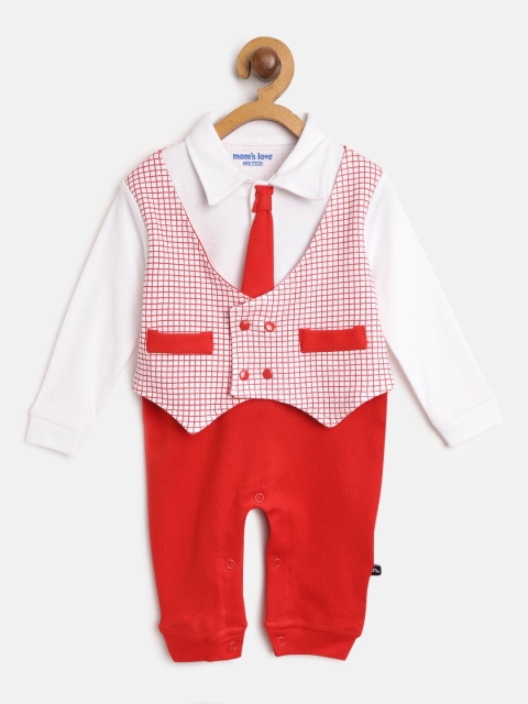

Moms Love Boys White & Red Checked Rompers with Tie & Waistcoat Detail