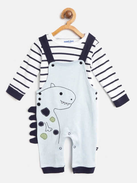 

Moms Love Boys White & Blue Striped T-shirt with Embroidered Dungarees