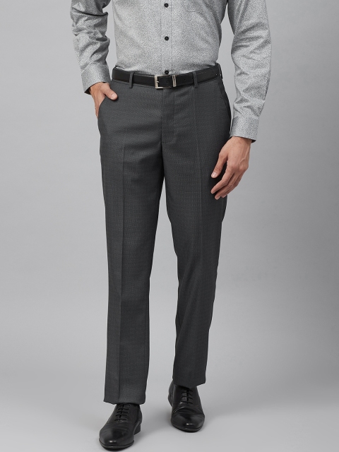 Men Charcoal Grey Slim Fit Self Checked Formal Trousers