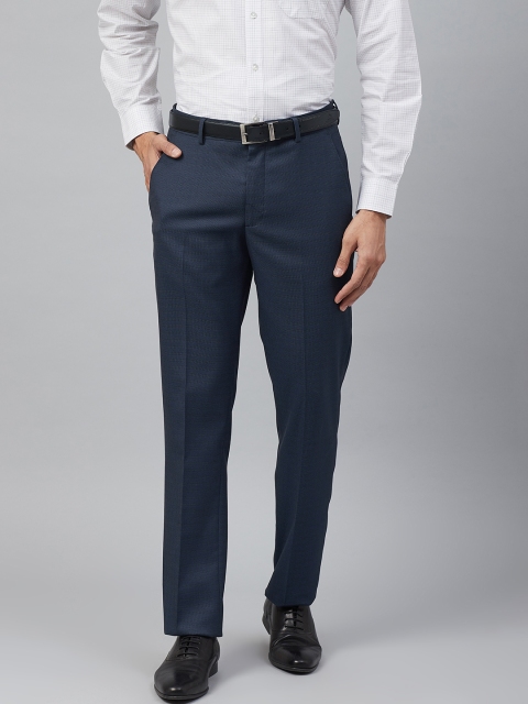 Men Navy Blue Slim Fit Self-Checked Formal Trousers
