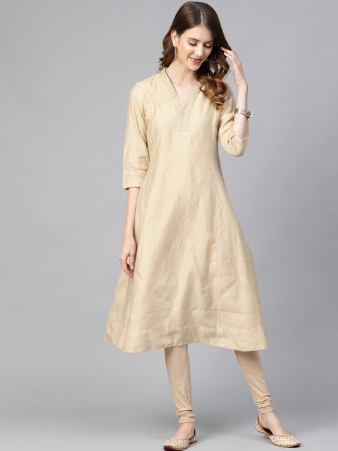 

Fabindia Women Beige & Golden Brocade Woven Design Anarkali Kurta