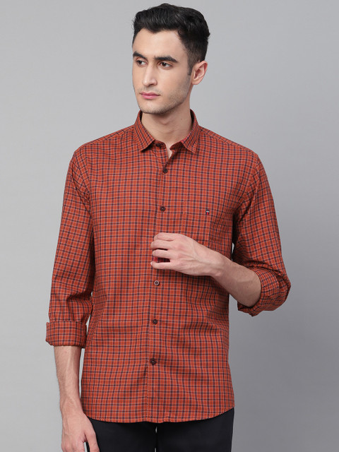

Louis Philippe Sport Men Rust Orange & Navy Blue Slim Fit Checked Casual Shirt