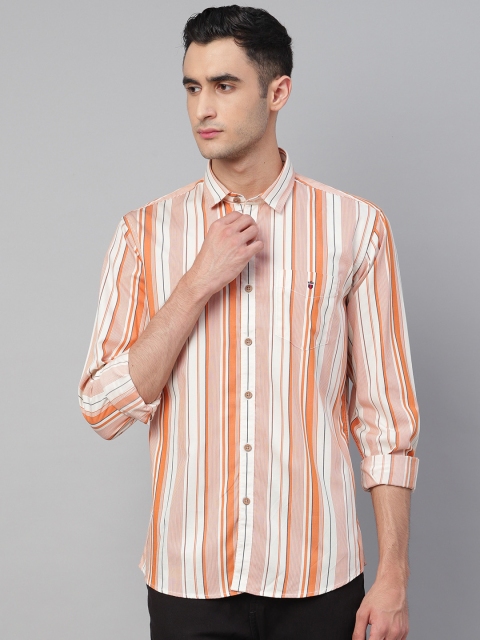 

Louis Philippe Sport Men White & Rust Orange Slim Fit Striped Casual Shirt