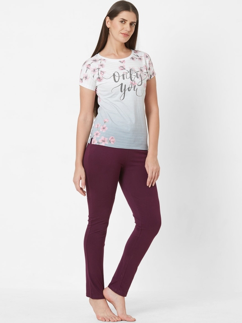 

Sweet Dreams Women White & Burgundy Printed Night suit