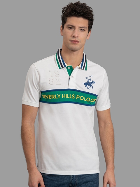 

Beverly Hills Polo Club Men White Green Printed Polo Collar Pure Cotton T-shirt