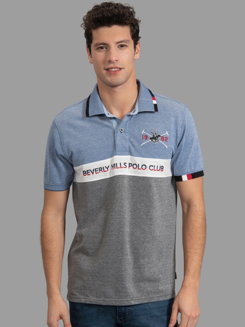 

Beverly Hills Polo Club Men Blue & Grey Colourblocked Polo Collar T-shirt