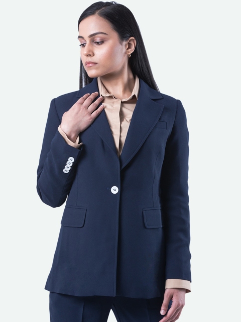 

QUA Women Navy Blue Solid Slim-Fit Single-Breasted Formal Blazer