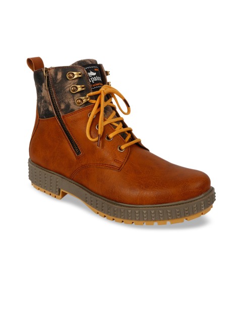 

ZAPATOZ Men Tan Brown & Olive Green Colourblocked Leather High-Top Flat Boots
