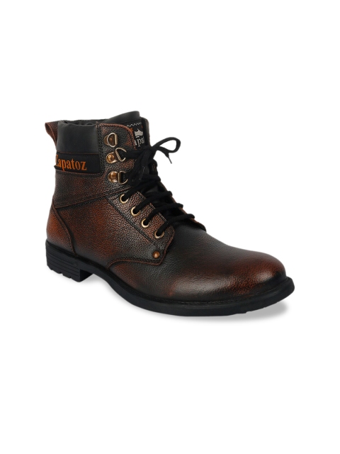 

ZAPATOZ Men Brown Solid Leather High-Top Flat Boots
