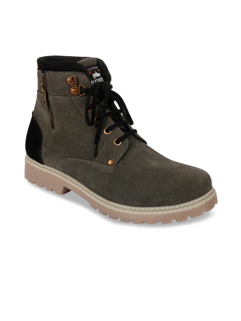 

ZAPATOZ Men Grey Colourblocked Suede Mid-Top Flat Boots