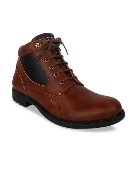 

ZAPATOZ Men Brown Colourblocked Synthetic Leather High-Top Flat Boots