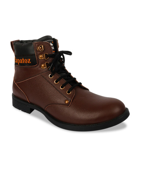 

ZAPATOZ Men Coffee Brown Solid Leather High-Top Flat Boots