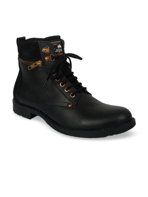 

ZAPATOZ Men Black Solid Leather Mid-Top Flat Boots