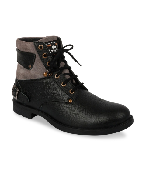

ZAPATOZ Men Black Colourblocked Leather High-Top Flat Boots
