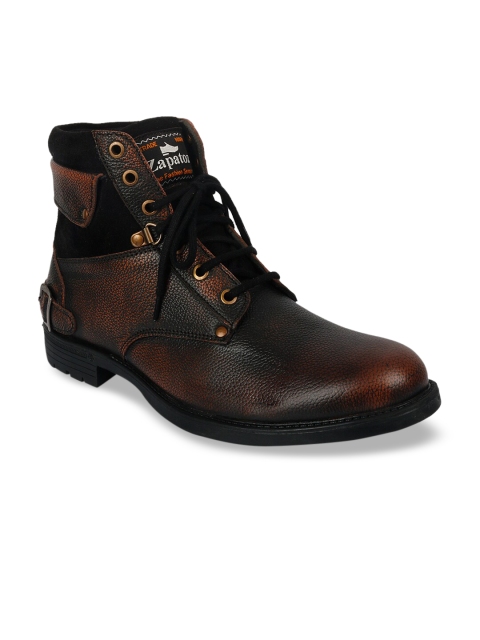 

ZAPATOZ Men Coffee Brown Solid Leather High-Top Flat Boots