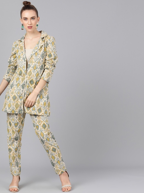 

AKS Women Cream-Coloured & Green Printed Coat with Trousers