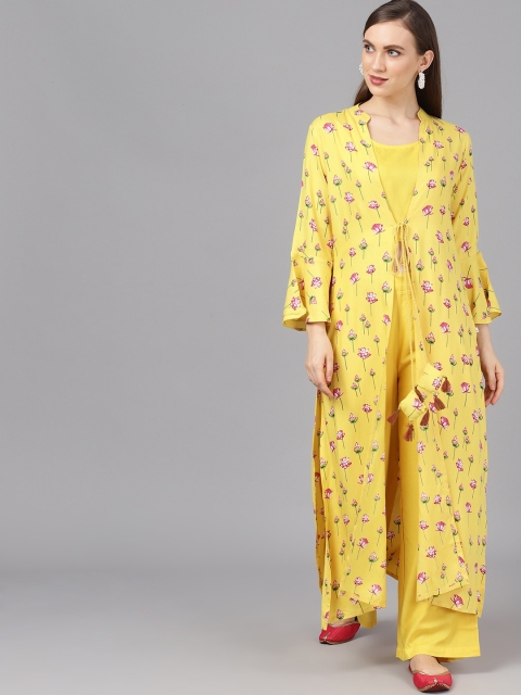 

AKS Women Yellow Solid Top with Palazzos & Jacket