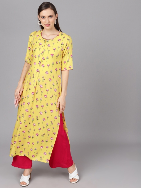 

AKS Women Yellow & Magenta Printed Kurta with Palazzos