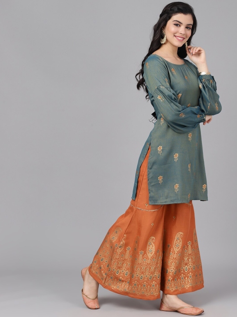 

AKS Women Grey & Orange Self Design Kurta with Sharara