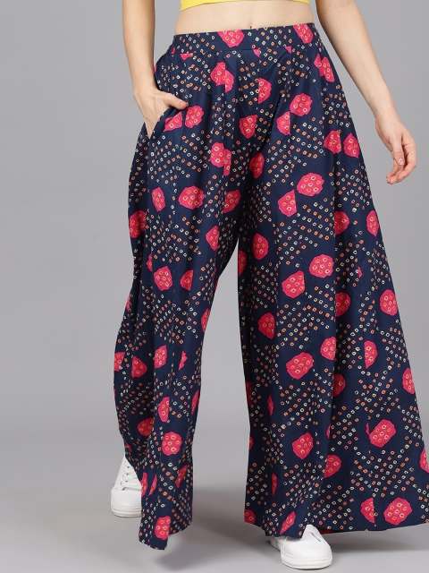 

AKS Women Navy Blue & Pink Bandhani Printed Flared Palazzos
