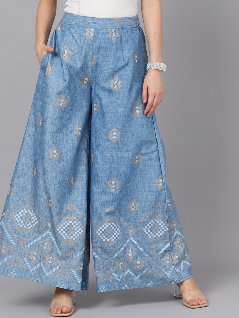 

AKS Women Blue & White Printed Flared Palazzos